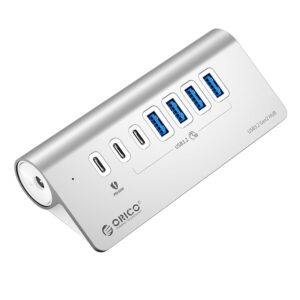 ORICO Aluminum Alloy 7 Port USB Hub| 4x USB 3.2 Type-A | 3x USB Type-C | 1x PD60W Fast Charging | Type-A to type-C cable Included + 24v/3A Power Supply